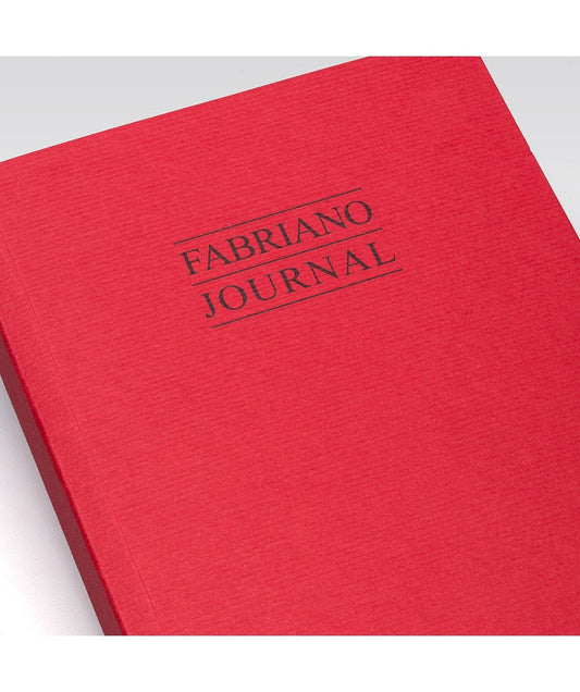 Red Fabriano Journal notebook with textured cover and black embossed logo on a clean background.