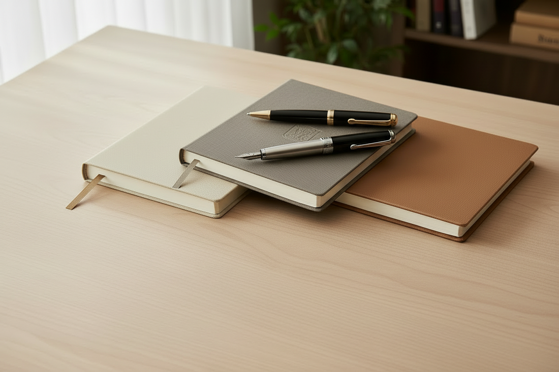 notebooks and pens on a desk