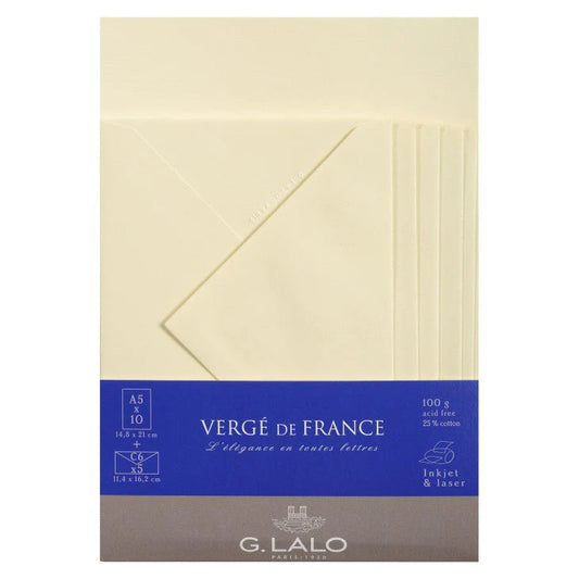 G. Lalo Verge de France Ivory 100G A5 Sheets C6 Envelopes Set (10)
