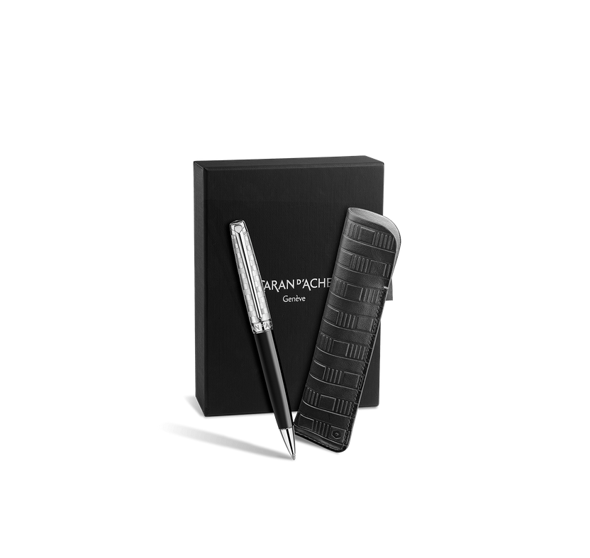 Caran D’Ache Leman Damier Ballpoint Pen with Leather Holder (C)