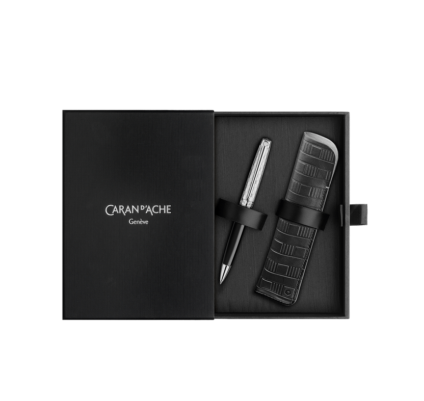 Caran D’Ache Leman Damier Ballpoint Pen with Leather Holder (C)
