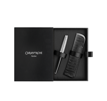Caran D’Ache Leman Damier Fountain Pen F with Leather Holder (C)